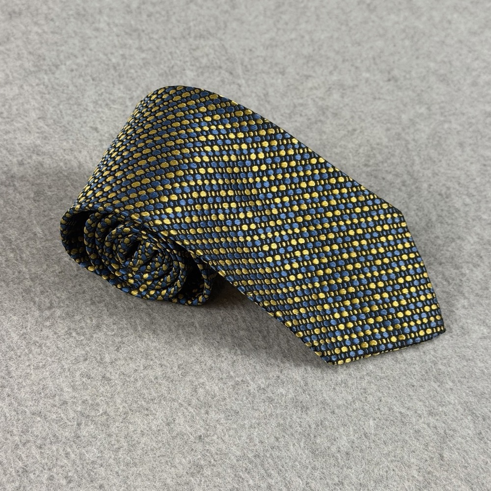 Vintage Christian Dior Silk Tie Blue Gold Geometric Dot Necktie 1960s USA 53x3.3